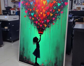 Heart Crown Girl Art Print, Whimsical Street Art Decor, Colorful Heart Painting,Urban Contemporary Canvas,Heart Wall Art Ready to Hang Decor