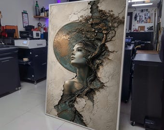 Ethereal Woman Face Canvas, Nature and Tree Art, Cracked Wall Portrait, Surreal Beauty Illustration, wall decoration, canvas print, wall art