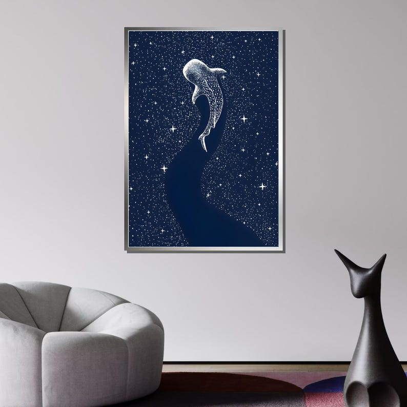 May include: A white whale shark silhouette against a dark blue background with white stars. The whale shark is swimming upwards towards the stars.