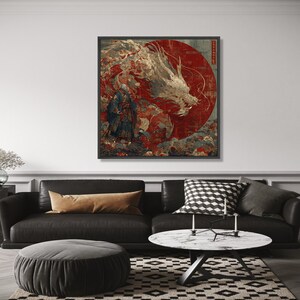 Majestic Dragon with Samurai Warrior Canvas, Japanese Mythical Wall Art, Eastern Fantasy wall decoration, canvas print, wall art image 5