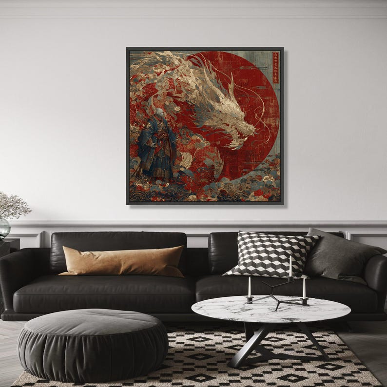 Majestic Dragon with Samurai Warrior Canvas, Japanese Mythical Wall Art, Eastern Fantasy wall decoration, canvas print, wall art image 5