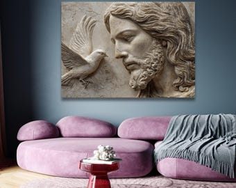Canvas Jezus met duif, religieuze muurkunst, spirituele christelijke decoratie, inspirerende muurdecoratie voor huis, canvasprint, muurkunst