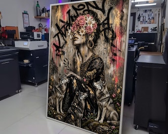 Woman with Floral Crown and Wolves, Urban Style Canvas Wall Art, Modern Portrait Canvas, Gold Accent wall decoration, canvas print, wall art