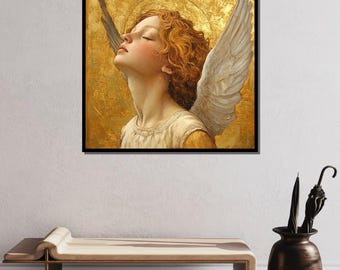 黄金の天使の肖像画キャンバス、穏やかな天使のアート、エレガントな