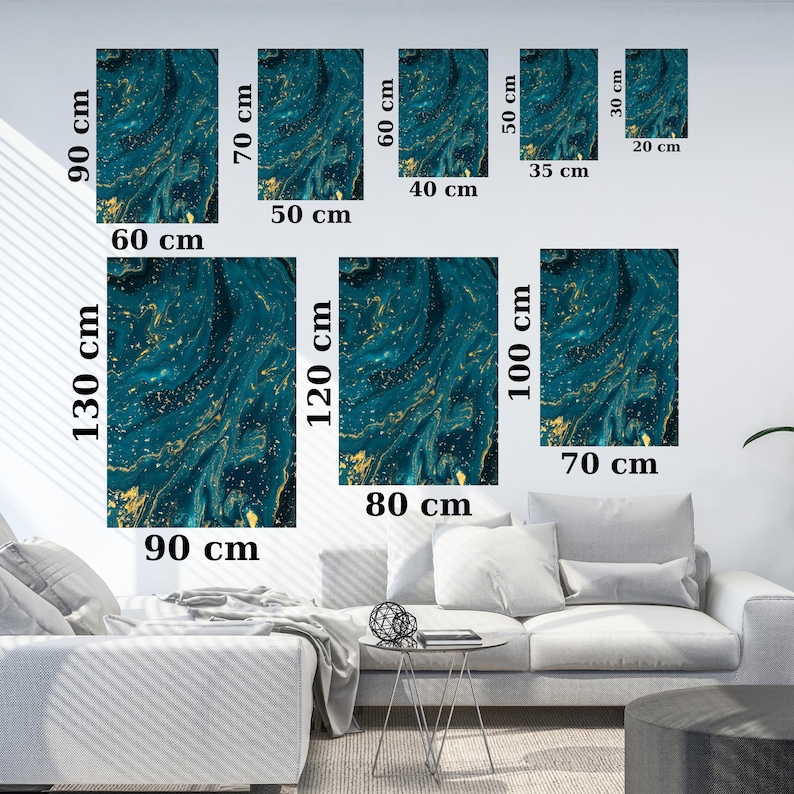 May include: A set of six abstract art prints featuring a blue and gold marbled design. The prints are available in various sizes, ranging from 20 cm x 30 cm to 90 cm x 130 cm.