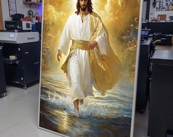 Divine Jesus Walking on Water Canvas, Golden Light Christian Wall Art, Inspirational Religious Decor, Spiritual Home Decor ,Christian Gift