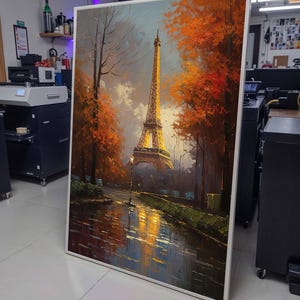 Paris Eiffel Tower in Autumn Canvas, Romantic Cityscape Wall Art, Fall Evening in Paris, Illuminated Eiffel Tower Painting, French Decor