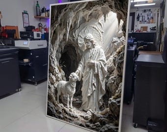 Jesus with Lamb in Cave Canvas, Spiritual Religious Wall Art, Christian Landscape Art, Divine Light wall decoration, canvas print, wall art
