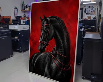 Elegant Black Horse Portrait Canvas, Equestrian Wall Art, Bold Red Background, Animal Canvas Decor, wall decoration, canvas print, wall art