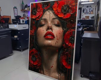 Dramatic Woman Portrait Canvas, Red Lipstick Art, Poppy Flower Crown, Modern Abstract Face Painting, wall decoration, canvas print, wall art