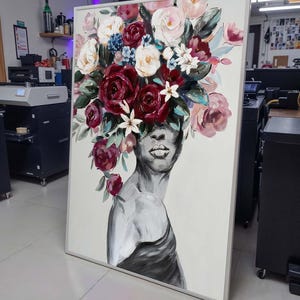 Floral Woman Art, Elegant Flower Head Portrait, Colorful Feminine Wall Decor, Artistic Floral Painting, Modern Flower-Themed Canvas
