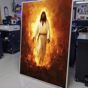 Tela di Gesù in fiamme, arte del fuoco divino, potente decorazione murale religiosa, opera d&#39;arte cristiana spirituale, pronta da appendere