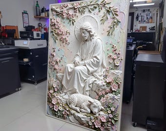 Serene Jesus with Lamb Canvas, Religious Wall Art, Peaceful Christian Decor, Floral Nature wall decoration, canvas print, wall art
