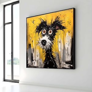 Hund Wandkunst, Scruffy Hund Leinwand, Verspielte Cartoon Tier Kunst, Lustiges Haustier Porträt, Abstrakte Hund Wanddekoration, Fertig zum Aufhängen