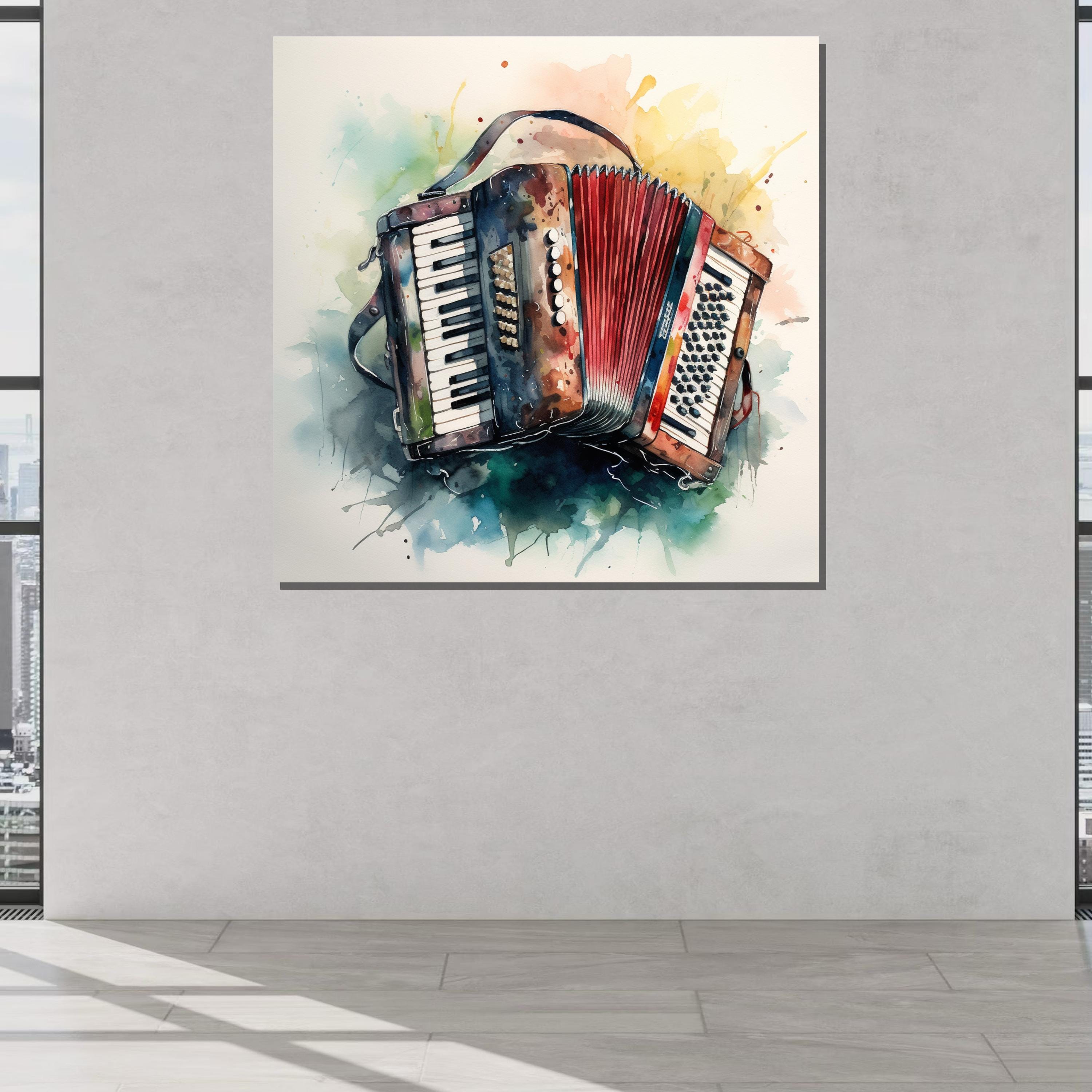 Colorful Vintage Accordion Painting - Bold Music Room Decor