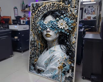 Modern Floral Mask Woman Canvas, Gold Accent Portrait Wall Art, Abstract Mixed Media Canvas, wall decoration, canvas print, wall art