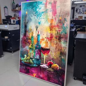 Lebendige Wein und Trauben Kunst, Abstrakte Weinflasche Leinwand, Bunte Weinglas Gemälde, Wandkunst für Weinliebhaber, Große Wandkunst
