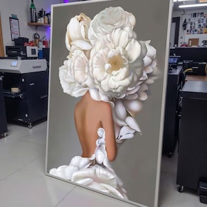 Floral Woman Canvas,Elegant Flower Portrait,Surreal Woman with Flowers,Botanical Wall Decor,Elegant Feminine Canvas,Unique Floral Art Gift