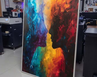Abstract Lovers Canvas Art, Duality of Colors Wall Decor, Romantic Silhouette Painting, Passionate Couple Art, Colorful Love Art