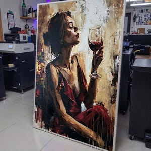 Abstract Woman with Wine Glass Painting - Elegant Wine Lover Art, Romantic Wall Decor for Dining Room,Ready to Hang