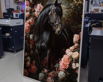 May include: A black horse with a brown leather bridle stands in a field of pink and white flowers. The horse is surrounded by lush green foliage and the background is a soft blue sky.