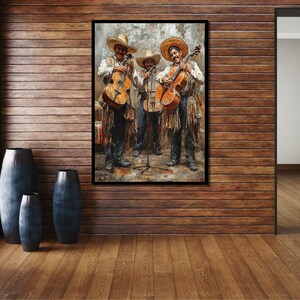 May include: Three men in sombreros play string instruments. The men are standing in front of a brick wall. The man on the left is playing a brown guitar. The man in the middle is playing a brown guitar. The man on the right is playing a brown guitar.