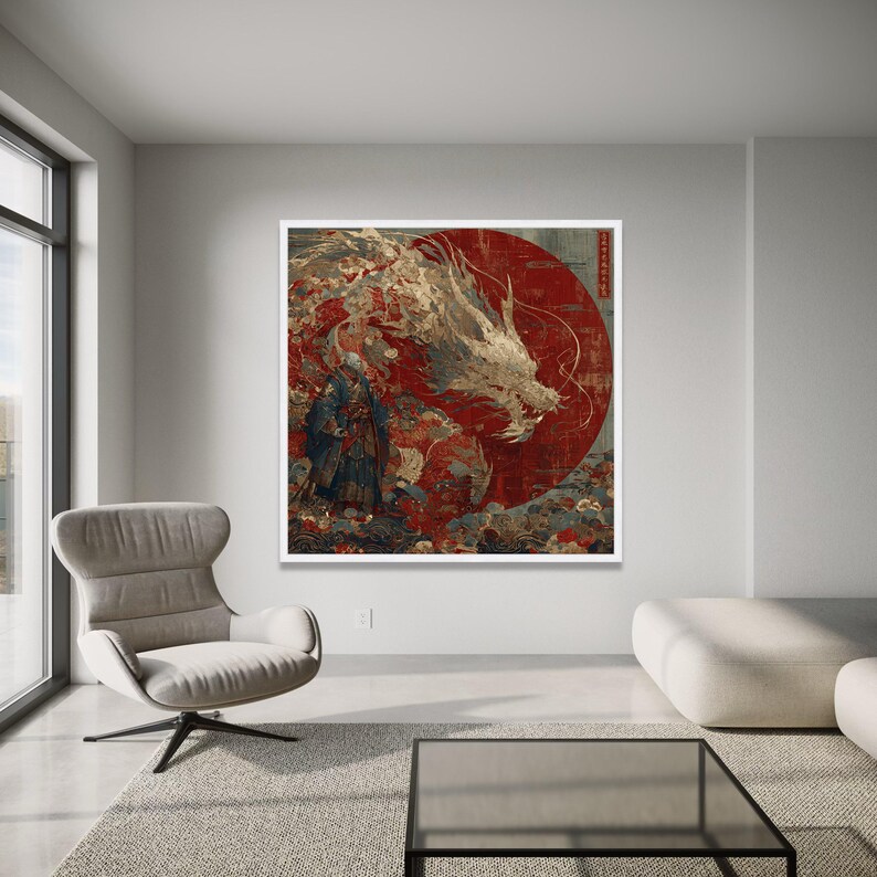 Majestic Dragon with Samurai Warrior Canvas, Japanese Mythical Wall Art, Eastern Fantasy wall decoration, canvas print, wall art image 3