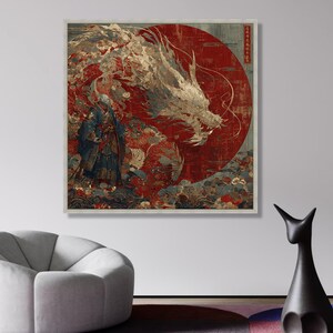 Majestic Dragon with Samurai Warrior Canvas, Japanese Mythical Wall Art, Eastern Fantasy wall decoration, canvas print, wall art image 6