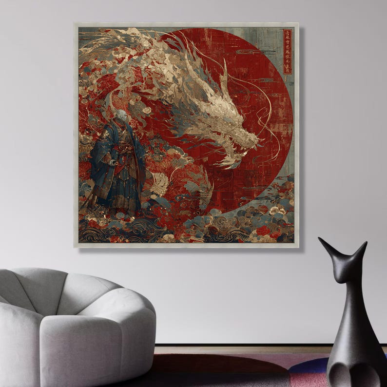 Majestic Dragon with Samurai Warrior Canvas, Japanese Mythical Wall Art, Eastern Fantasy wall decoration, canvas print, wall art image 6
