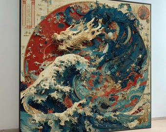 Dynamic Dragon and Ocean Wave Canvas Wall Art, Asian Inspired Painting, Traditional Japanese wall decoration, canvas print, wall art