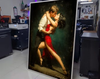 Passionate Tango Dance Couple Canvas, Red Dress Dance Art, Romantic Couple Wall Art, Ballroom Dance wall decoration, canvas print, wall art