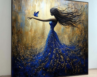 Lienzo de mujer elegante con vestido azul fluido, arte mural de mariposas, pintura figurativa de fantasía, decoración de pared, impresión en lienzo, arte mural