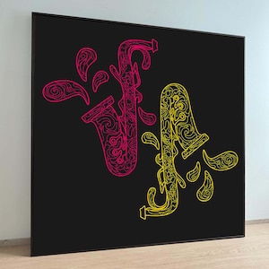 Abstract Saxophone Line Art - Vibrant Neon Music Wall Decor,Pink and Yellow Sax Art,Gift for Jazz Lovers, Music Lovers,Music Room Wall Decor