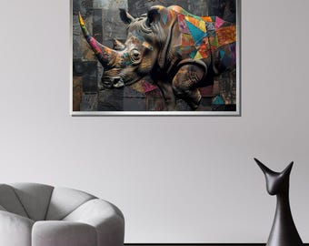 Colorful Rhino Canvas Art, Abstract Rhino Wall Decor, Modern Wildlife Art Print, Bold Animal Wall Art, Geometric Rhino Canvas, Animal Decor