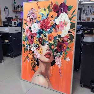 Floral Beauty Portrait, Colorful Flower Crown Wall Art, Flower Wall Art, Modern Abstract Canvas, Vibrant Home Decor, Ready to Hang Artwork