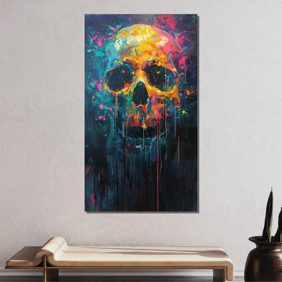 Vibrant Skull Graffiti Canvas, Neon Skull Art, Abstract Urban