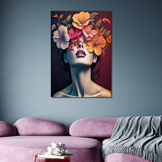 花柄の女性の抽象アート、シュールな花の顔のポートレート