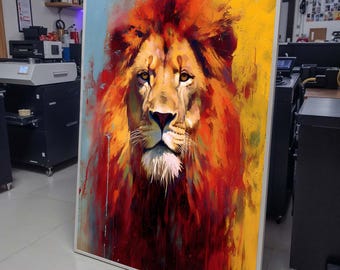 Lienzo de arte majestuoso de león, retrato de animal abstracto audaz, decoración de pared de safari vibrante, pintura de león feroz, impresión de vida salvaje colorida, lista para colgar