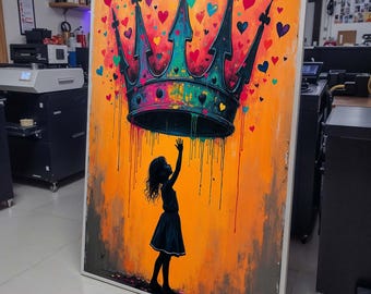Crown of Dreams Wall Art, Silhouette Girl with Heart Crown, Heart Painting,Urban Contemporary Canvas,Heart Wall Art Ready to Hang Decor
