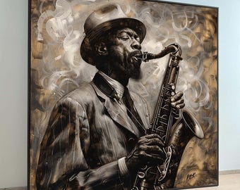 Canvas wanddecoratie met een jazzsaxofonist die saxofoon speelt, wervelende rook en een hoed met brede rand.