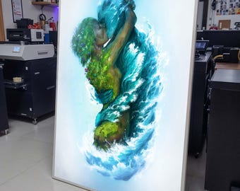 Nature and Water Lovers Art Canvas, Elemental Embrace Painting, Earth and Ocean Romance, Symbolic Love Wall Art, Ready to Hang
