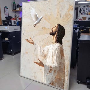 Gesù con colomba, tela dello Spirito Santo, opera d&#39;arte cristiana ispiratrice, arredamento religioso per la casa, dipinto di pace divina, regalo cristiano