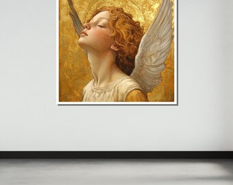 黄金の天使の肖像画キャンバス、穏やかな天使の芸術、エレガントな宗教