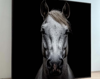 White Horse Portrait, Elegant Equine Wall Art, Black Background Horse Photography, Animal Decor, Minimalist Horse Artwork, Ready to Hang