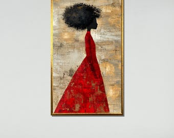 Elegant Afro Silhouette Art, Woman in Red Dress Canvas, Abstract African Wall Art, Minimalist Profile Portrait,Cultural Decor, Ready to Hang