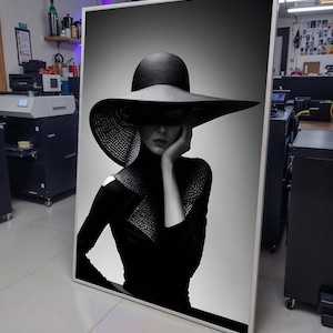 Woman Canvas Art, Mysterious Woman in Hat Canvas, Black and White Fashion Art, Elegant Lady Portrait, Minimalist Chic Wall Art,Ready to Hang