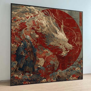 Majestic Dragon with Samurai Warrior Canvas, Japanese Mythical Wall Art, Eastern Fantasy wall decoration, canvas print, wall art