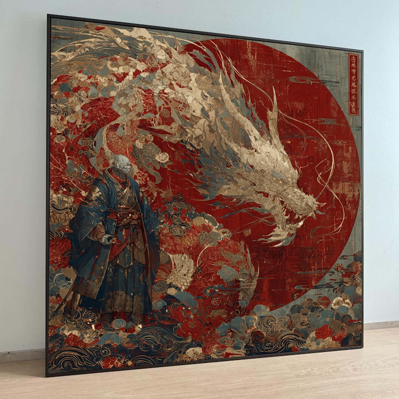 Majestic Dragon with Samurai Warrior Canvas, Japanese Mythical Wall Art, Eastern Fantasy wall decoration, canvas print, wall art image 1