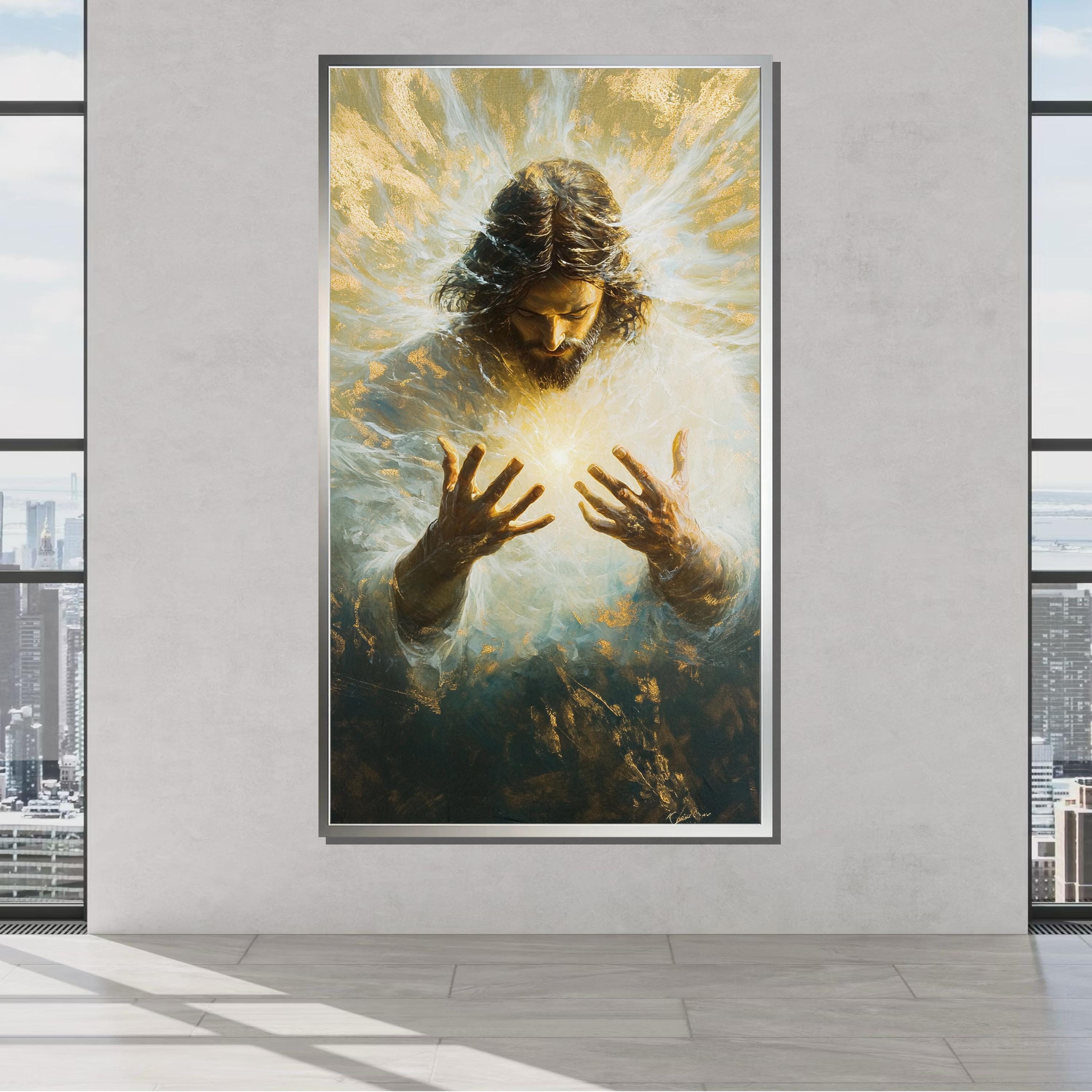 神聖な光のキャンバスアート、イエスの輝く光絵画、スピリチュアルな