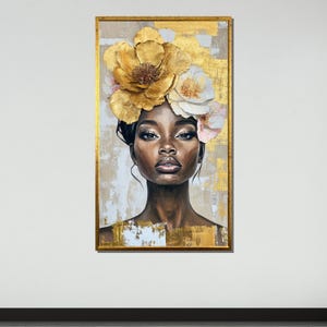 Golden Floral Crown Portrait, African Beauty Canvas, Elegant Black Woman Wall Art, Woman Floral Painting, Ready to Hang Artwork